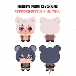 以下が含まれることがあります： 約10cmのNezumiぬいぐるみキーホルダー。画像には、それぞれ前面と背面図のある2つの異なるぬいぐるみデザインが表示されています。1つは白い髪で、もう1つは濃い青色の髪です。どちらもネズミのような耳をしており、衣装を着ています。