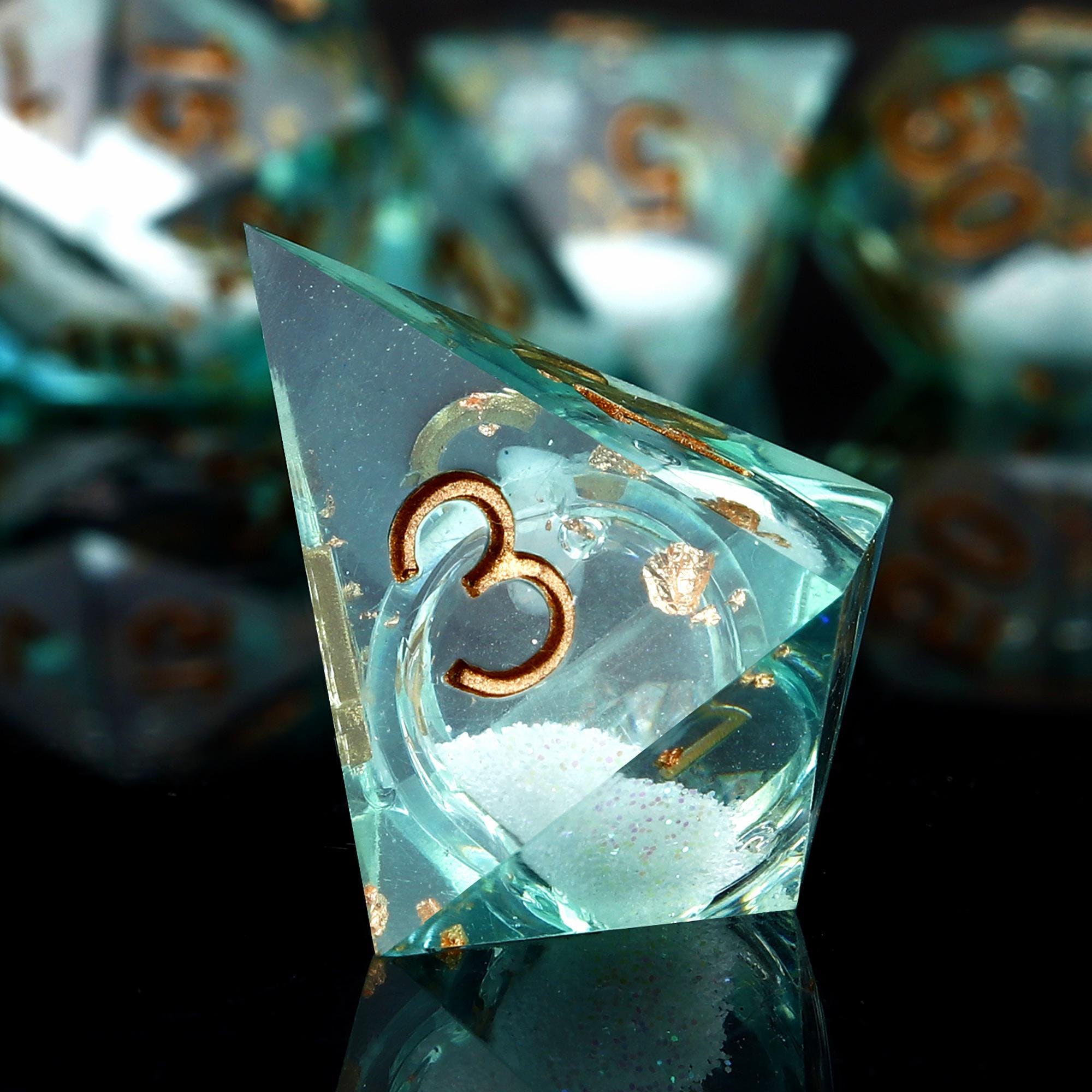 Handmade Teal Resin Dice Set: Rosegold Glitter Liquid Core DND Dice