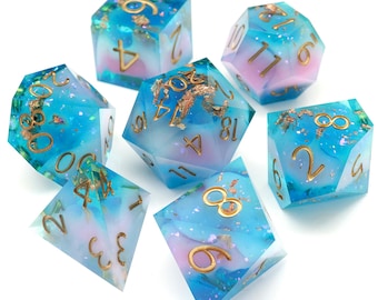 Juego de dados de resina con borde afilado hechos a mano: rosa, azul y lámina de oro rosa