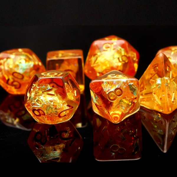 Orange Resin Dice Set: Iridescent Mylar DnD Dice