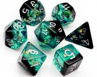 Handmade Resin Dice Set: Black, Blue & Gold Flakes - RPG DND Dice