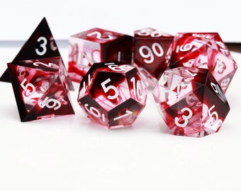 Handmade Sharp Edge Dice Blood Swirl Red Clear Resin Polyhedral RPG Dice Set DND Dice Set TTRPG Dungeons and Dragons Gifts-White Ink