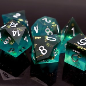Handmade Sharp Edge Dice Black Blue Resin Polyhedral RPG Dice Set With Gold Flakes DND Dice Set TTRPG Dungeons and Dragons Gifts
