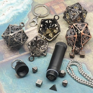 Tiny Mini Metal Dice Set with Keychain Dice Case Hollow D20 Dice Necklace Small Dice Set DND Dice Set TTRPG Dungeons and Dragons Gifts image 9