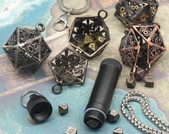 Tiny Mini Metal Dice Set with Keychain Dice Case Hollow D20 Dice Necklace Small Dice Set DND Dice Set TTRPG Dungeons and Dragons Gifts