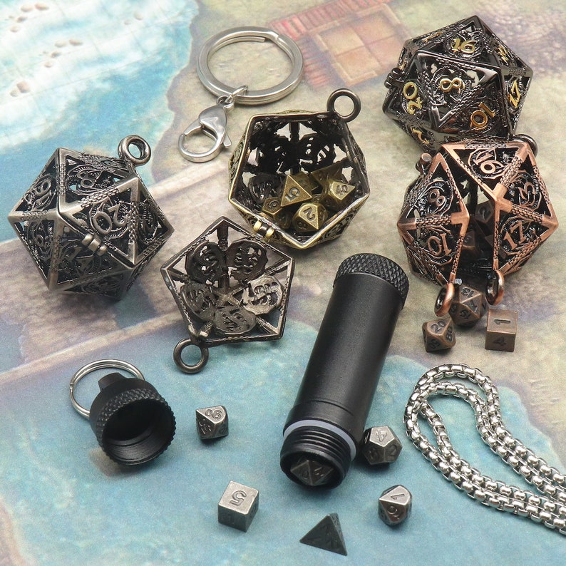 Tiny Mini Metal Dice Set with Keychain Dice Case Hollow D20 Dice Necklace Small Dice Set DND Dice Set TTRPG Dungeons and Dragons Gifts image 9