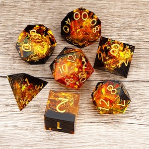 Handmade Sharp Edge Fire Dice Set: Orange Black Resin Polyhedral DND Dice