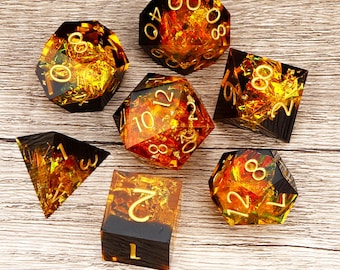 Handmade Sharp Edge Fire Dice Set: Orange Black Resin Polyhedral DND Dice