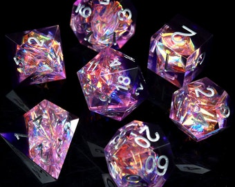 Handmade Sharp Edge Dice Purple Clear Resin Galaxy Polyhedral RPG Dice Set DND Dice Set TTRPG Dungeons and Dragons Gifts