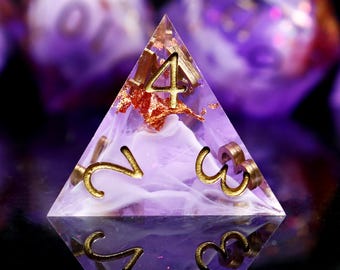 Handmade Sharp Edge Dice Set: Purple Resin with Rosegold Foil