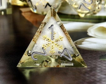 Juego de dados de resina con borde afilado hechos a mano: dados de rol con copos de nieve dorados