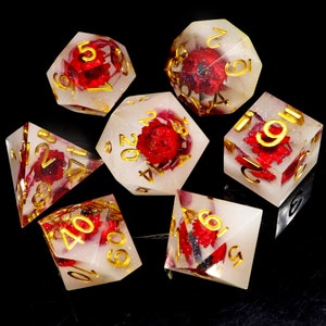 Handmade Sharp Edge Dice Red Flower Resin Polyhedral RPG Dice Set with Glitters DND Dice Set TTRPG Dungeons and Dragons Gifts