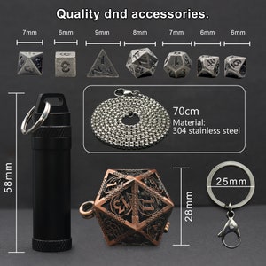 Tiny Mini Metal Dice Set with Keychain Dice Case Hollow D20 Dice Necklace Small Dice Set DND Dice Set TTRPG Dungeons and Dragons Gifts image 7