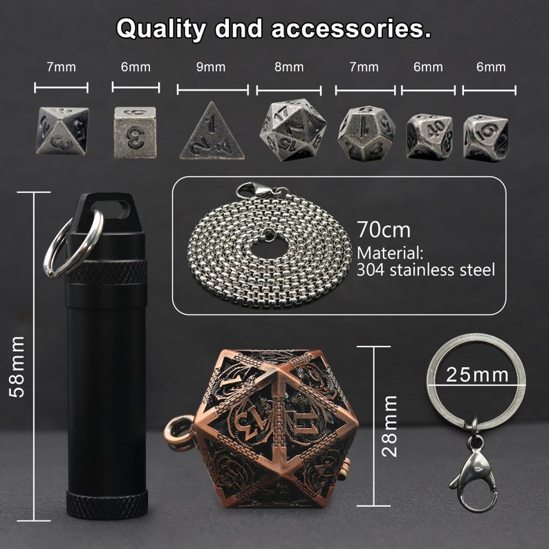 Tiny Mini Metal Dice Set with Keychain Dice Case Hollow D20 Dice Necklace Small Dice Set DND Dice Set TTRPG Dungeons and Dragons Gifts image 7