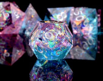 Handmade Sharp Edge Resin Dice Set: Blue Purple Iridescent DND Dice