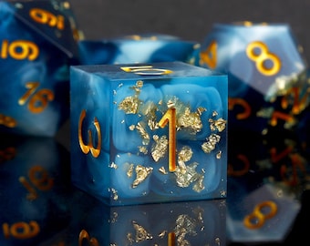 Handmade Sharp Edge DND Dice Set: Blue Marble with Gold Foil