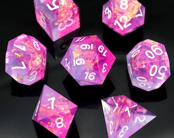 Handmade Sharp Edge Resin Dice Set: Pink Blue Gold Flakes, RPG DND Dice