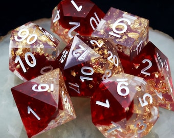 Handmade Sharp Edge Resin Dice Set: Gold Flakes DND RPG