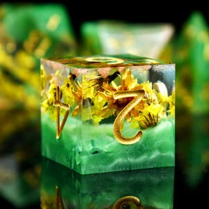 Handmade Sharp Edge Dice Real Flower Resin Polyhedral Dice Set Spring Green DND Dice Set TTRPG Dungeons and Dragons Gifts