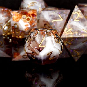Handmade Sharp Edge Dice Set: Rose Gold Foil Swirls, DND TTRPG