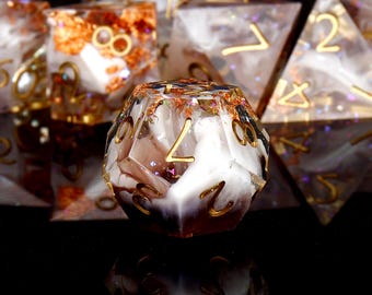 Handmade Sharp Edge Dice Set: Rose Gold Foil Swirls, DND TTRPG