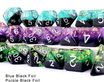 Handmade Resin Dice Set: Black, Blue & Gold Flakes - RPG DND Dice