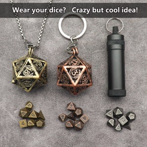 Tiny Mini Metal Dice Set with Keychain Dice Case Hollow D20 Dice Necklace Small Dice Set DND Dice Set TTRPG Dungeons and Dragons Gifts image 3