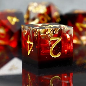Handmade Sharp Edge Dice Landscape Fire Volcano DND Dice Set Red Clear Gold Foil Resin Polyhedral Dice Set TTRPG Dungeons and Dragons Gifts