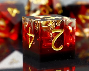 Handmade Sharp Edge Volcano Dice Set: Red Resin & Gold Foil DND Dice