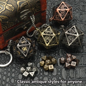 Tiny Mini Metal Dice Set with Keychain Dice Case Hollow D20 Dice Necklace Small Dice Set DND Dice Set TTRPG Dungeons and Dragons Gifts image 8