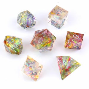 Dados artesanais de ponta afiada Galaxy DND Conjunto de dados poliédricos de resina arco-íris Mylar Conjunto de dados TTRPG Dungeons and Dragons Presentes