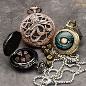 Mini Metal Dice Set with Octopus/Dragon Eye Pocket Watch Case