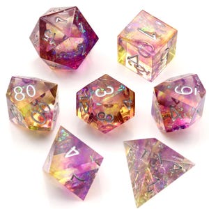 Handmade Sharp Edge Dice Galaxy Mylar Resin Polyhedral Dice Set Purple Pink DND Dice Set TTRPG Dungeons and Dragons Gifts