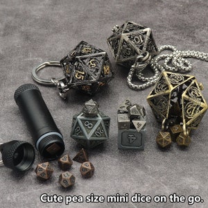 Tiny Mini Metal Dice Set with Keychain Dice Case Hollow D20 Dice Necklace Small Dice Set DND Dice Set TTRPG Dungeons and Dragons Gifts image 4