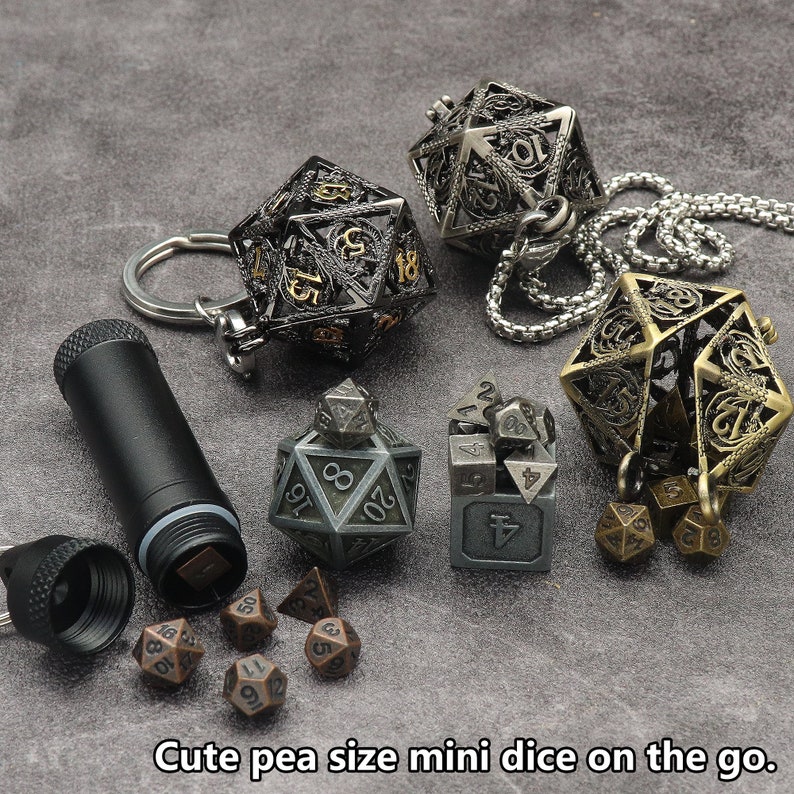 Tiny Mini Metal Dice Set with Keychain Dice Case Hollow D20 Dice Necklace Small Dice Set DND Dice Set TTRPG Dungeons and Dragons Gifts image 4