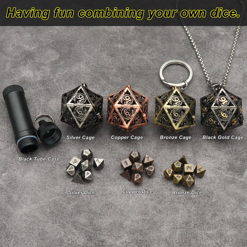 Tiny Mini Metal Dice Set with Keychain Dice Case Hollow D20 Dice Necklace Small Dice Set DND Dice Set TTRPG Dungeons and Dragons Gifts image 2