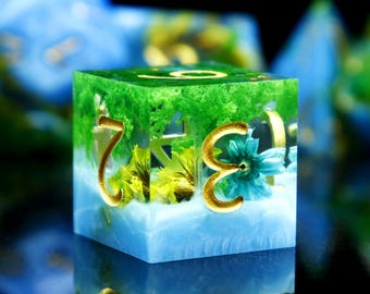 Handmade Sharp Edge Resin Dice Set: Blue Green Flower DND Dice