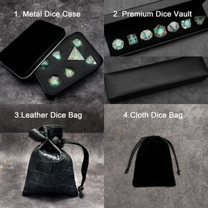 May include: A set of four different storage options for dice, including a metal case, a premium dice vault, a leather dice bag, and a cloth dice bag. The dice are iridescent and have a green and black colour scheme.