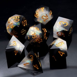 Handmade Sharp Edge Dice Set Black and White Iridescent Mylar Inclusion RPG Polyhedral Resin DND Dice Dungeons and Dragons Gifts