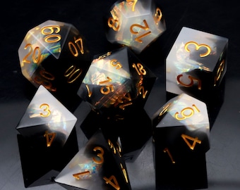 Handmade Sharp Edge Dice Set Black and White Iridescent Mylar Inclusion RPG Polyhedral Resin DND Dice Dungeons and Dragons Gifts