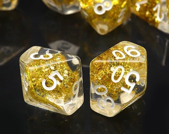 Gold Glitter Resin Dice Set: 7-Piece Polyhedral RPG Dice