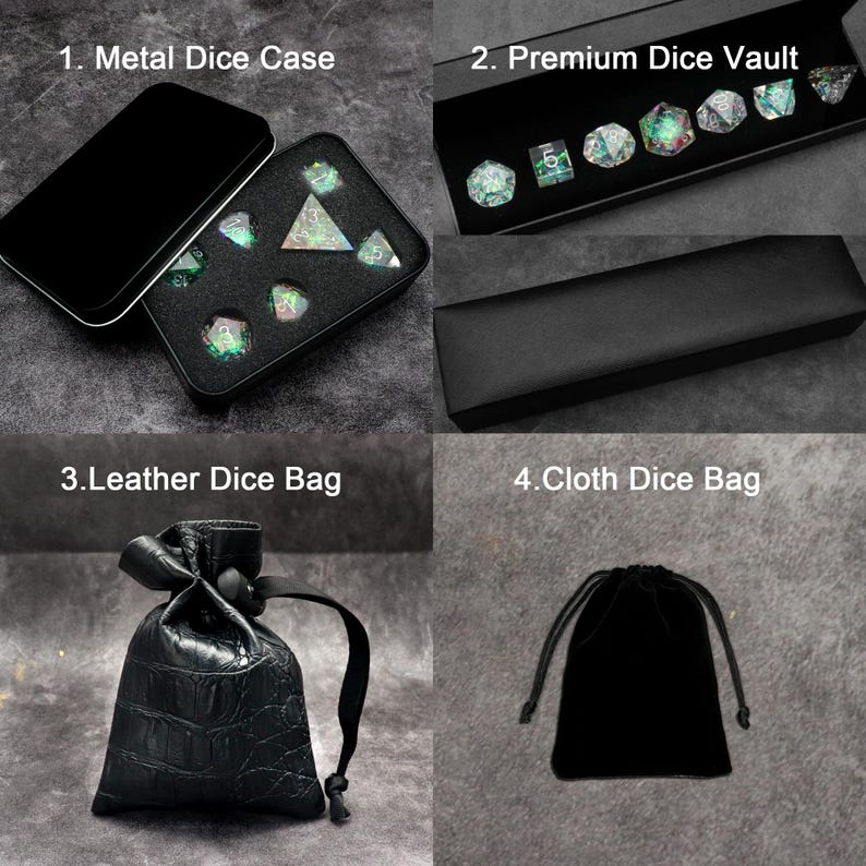 May include: Four different storage options for dice, including a metal dice case, a premium dice vault, a leather dice bag, and a cloth dice bag. The dice are not included.
