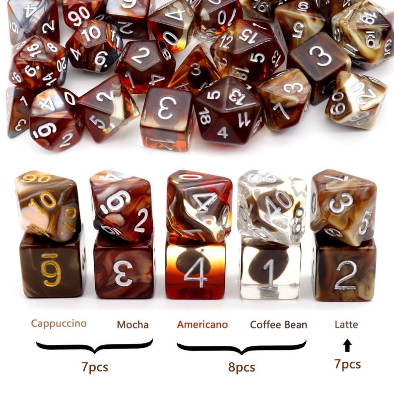Coffee DND Dice Set: Resin Polyhedral RPG Dice with Extra D20 image 3