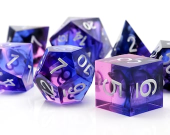 Handmade Sharp Edge Resin Dice Set: Translucent Purple Blue Polyhedral RPG Dice