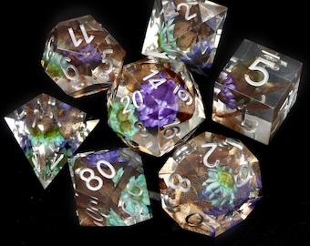 Handmade Sharp Edge Resin Dice Set: Purple Blue Flowers, RPG DND Dice
