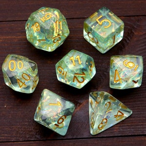 Green Galaxy Resin Dice Set With Irisecent Mylar Inclusions Polyhedral RPG Dice Set Dungeons and Dragons
