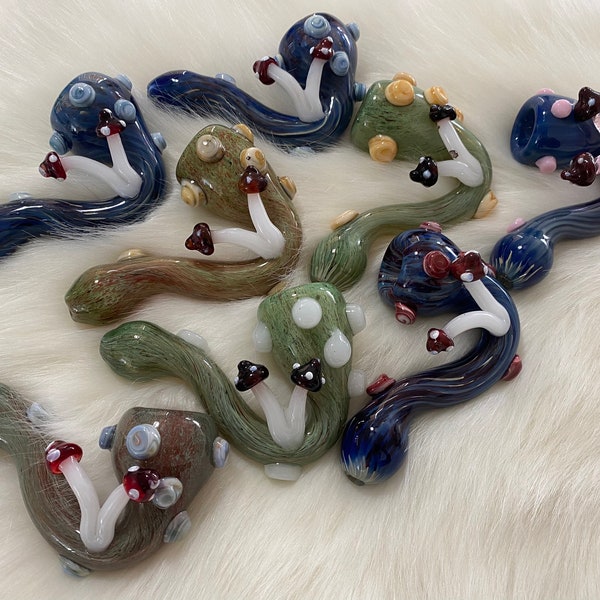 Green & Blue Sherlock Mushrooms Glass Hand Pipe Buy any two items from shop get FREE Grinder