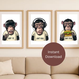 Puede incluir: Tres impresiones artísticas enmarcadas con monos antropomórficos. Uno lleva gafas de realidad virtual, otro auriculares y el tercero come una hamburguesa. Cada uno lleva una camiseta con la frase: "Don't See", "Don't Hear" y "Don't Speak".