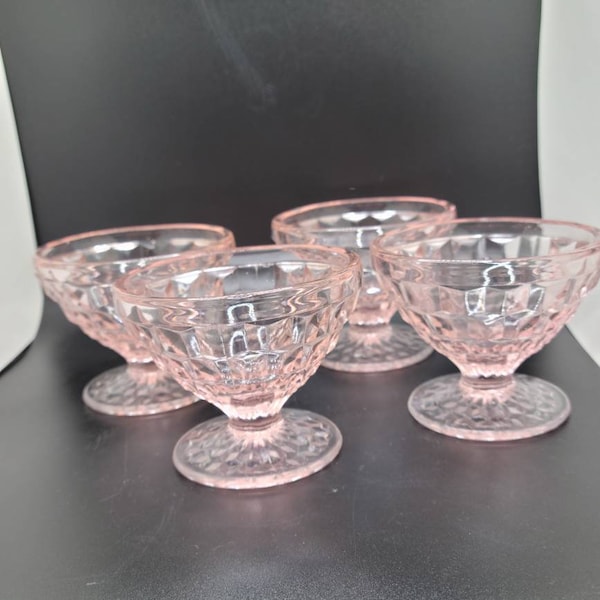 Pink Fostoria American Glass Pink  sherbert footed bowls. 2 3/4 tall, 3 1/2 wide diameter and 23/4 base. 4 in set. Gorgeous.