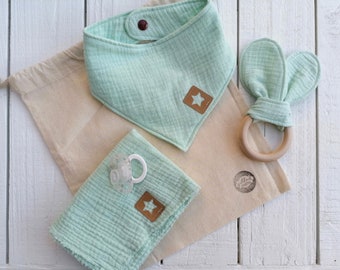 Set muslin for babies in gift bag, bib, sabber towel, gripping ring bunny ears, cuddly towel musseline, mint, sea green
